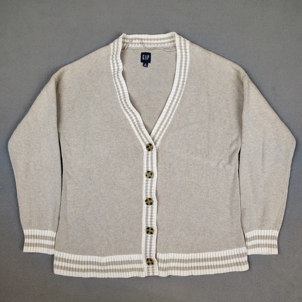 GAP Boyfriend Knit Cardigan Sweater Women Medium Tan Preppy Academia Relaxed EC